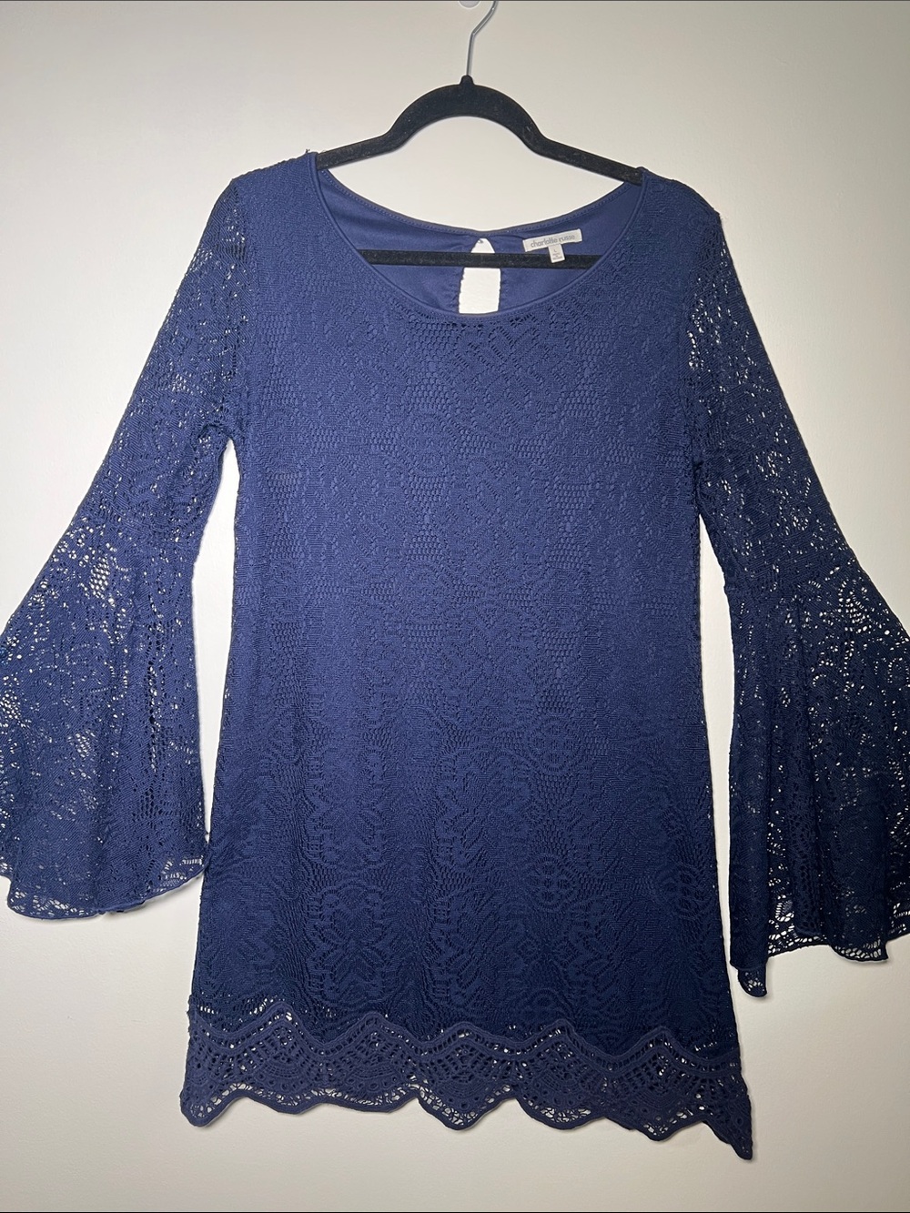 Vintage Charlotte Russe Navy Crochet Mini Dress Bell-Sleeve Dress